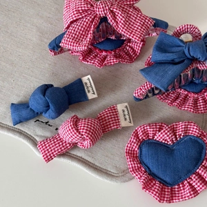 Handmade denim and red plaid patchwork hair claw clip with a cute bow design