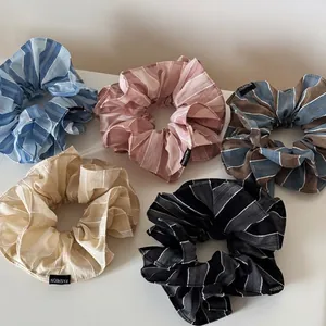 Chouchous Plissés Rayés Pour Femmes Vintage Grands Attaches Cheveux En Tissu Motif À Rayures Élastiques Accessoires Cheveux