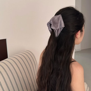 Gray satin hair claw clip with rose embroidery and bow, shown on a female hairstyle