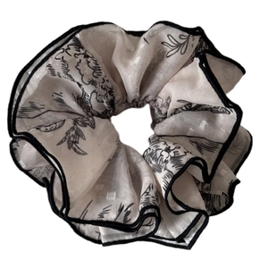 French vintage oversized chiffon scrunchie with black and white bamboo leaf floral prints