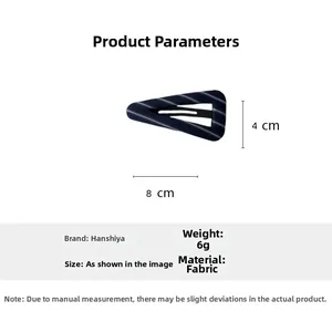 Detailed dimension view of navy blue striped fabric triangular hair clip with size 8x4cm