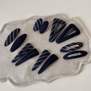 Preppy Style Navy Blue Stripe Fabric Wrapped Snap Hair Clips Elegant Geometric BB Clips For Women Daily Hair Accessories