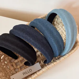 Women's Denim Padded Wide Headband High Top Twill Fabric Hair Band Retro Casual Solid Color Hair Hoop Accessory