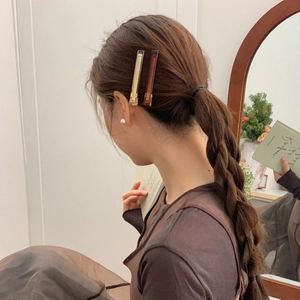 Detailed close-up of acetate side hair clips with golden label and France Paris engraving