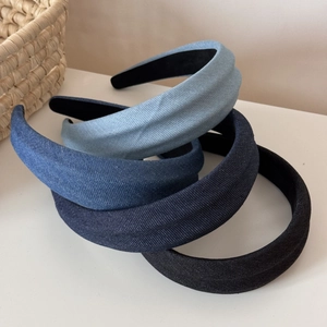 Set of four textured denim wide headbands in various blue shades for volume and style