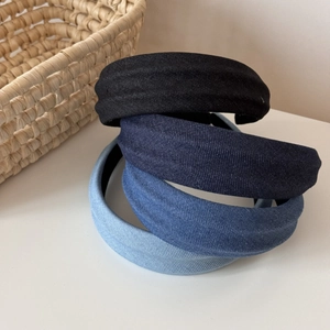Denim fabric wide headbands in four shades of blue with high top fashion design