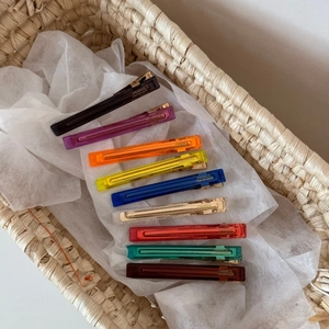 Set of nine colorful translucent acetate hair clips with gold France Handmade lettering