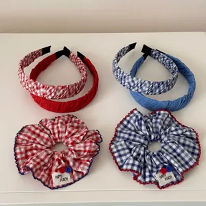 Damen Koreanischer Stil Karomuster Knopf Haargummi Plissee Stirnband Set Süß Stoff Rüschen Haarbänder Zubehör