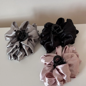 Detailed set of three cloud puff fabric claw clips in grey, black and pink colors
