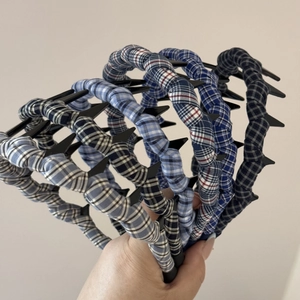 Set of blue plaid fabric headbands with non-slip wavy teeth for women hair styling
