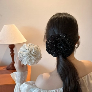 Elegant oversized polka dot fabric floral hair claw clip for French style women's hairstyles