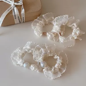 Korean Milk White Embroidered Organza Lace Scrunchie With Faux Artificial Pearl Elegant Pleated Hair Tie For Women Hair Accessories