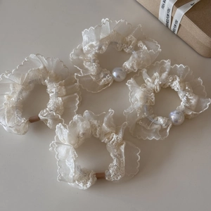 Elegant set of 4 creamy white organza hair scrunchies with lace and pearls