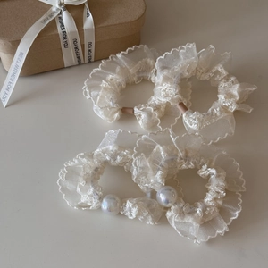 Elegant 4-piece white pearl lace scrunchie set with floral embroidery organza details