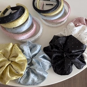 Polka dot satin padded headband and matching scrunchie set in assorted soft colors