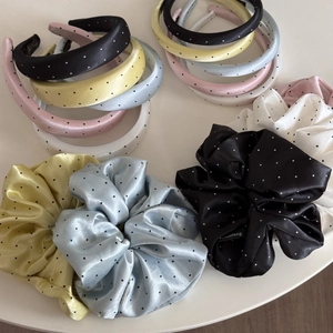 Satin polka dot headband and scrunchie set in assorted pastel colors for women