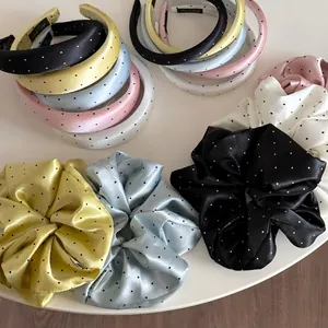 Sweet Satin Polka Dot Padded Headband And Scrunchie For Women Retro High Cranial Top Hair Bands Elegant Hair Accessories Daily Face Washing Headwear