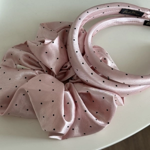 Pink satin polka dot hair accessory set including a plush scrunchie and two headbands