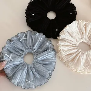 Chouchous Doux en Chiffon Plissé Avec Nœud en Fausse Künstliche Perle Élastiques à Cheveux Accessoires de Cheveux Élégants Femmes