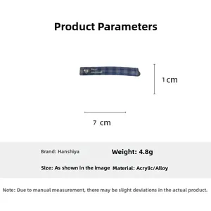 Blue plaid hair clip with heart rhinestone detail, measuring 7x1cm and weighing 4.8g