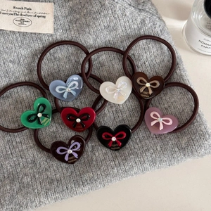 Chouchous Faits Main avec Cœur Nœud Papillon et Strass Style Français Élastiques à Cheveux Pendentif Cœur pour Femmes