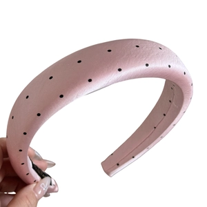 Pink polka dot thick headband with satin finish for hair styling and washing face