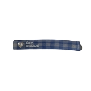 Blue gingham hair clip with heart-shaped rhinestone and white letter print for girls