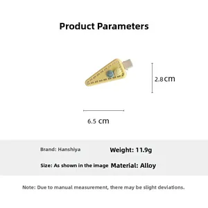 Detail view of yellow triangle hair clip with smiley face pattern and 6.5cm size mark
