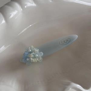Gros plan d'une barrette à fleurs bleu clair avec perles dans un plat en coquillage
