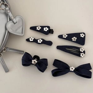 Pince à Cheveux en Tissu Denim avec Petite Fleur Miroir Nœud Papillon Épingle à Cheveux Vintage Coréen Doux Accessoires de Coiffure pour Femmes