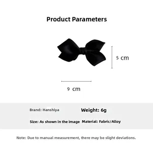 Detailed view of black satin bow hair clip with alloy duckbill base measuring 9x5cm