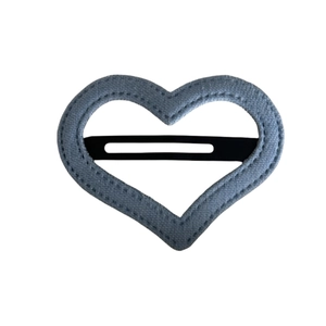Minimalist heart-shaped denim fabric BB clip with hand-stitched edges in stylish grey