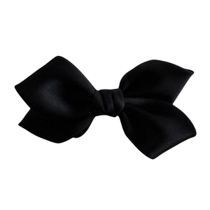 Elegant black satin fabric bow hair clip with refined texture and glossy finish