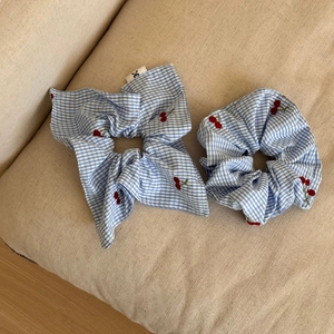 Blue gingham hair scrunchies with red cherry embroidery for women accessories