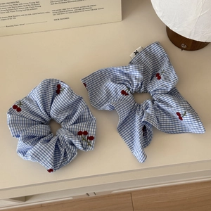 Blue gingham hair scrunchie set with red cherry embroidery and matching long ribbon