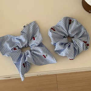 Blue checkered scrunchie set with red cherry embroidery and elegant bow tie details