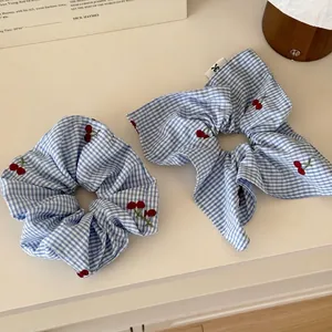 Blue Gingham Red Cherry Embroidered Hair Scrunchie Sweet Plaid Fabric Hair Tie Bow Ribbon Hair Accessories For Women Girls
