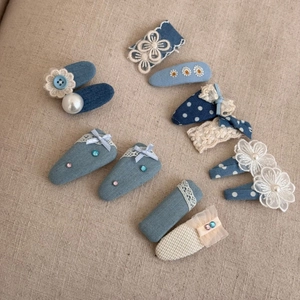 Lot de barrettes à cheveux en denim bleu avec dentelle blanche et perles pour enfants
