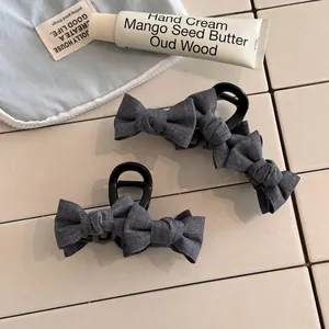 Korean Style Grey Bow Knot Hair Claw Clip Elegant Fabric Plaid Hairpin For Women Daily Commute Hair Accessories