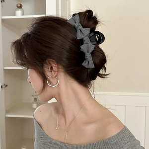 Elegant grey plaid ribbon bow hair claw clip for a chic Korean style updo hairstyle