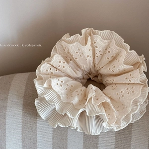 French Vintage Cream Large Scrunchie Handmade Pleated Eyelet Embroidery Lace Hair Tie Oversized Fabric Elastic Ponytail Holder Women Accessory