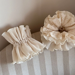 French style cream white four-layer lace scrunchie with hollow embroidery detail