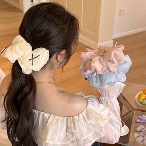 Elegant oversized mesh bow scrunchie set for women in pastel cream and pink tones