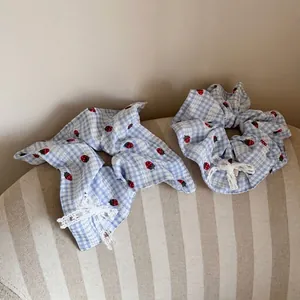 Sweet Blue Gingham Strawberry Pattern Lace Bow Hair Scrunchie Korean Style Fabric Hair Tie Headband Accessory For Women Girls
