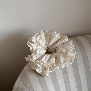 Chic beige four-layer lace scrunchie with eyelet embroidery for balletcore hairstyles