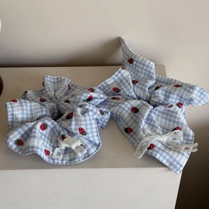 Blue plaid scrunchie set with strawberry prints and white lace trim for hair