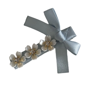 Elegant light blue ribbon bow hair clip with white cherry blossom flower and rhinestones