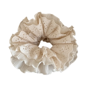 French style cream white four-layer lace scrunchie with hollow embroidery detail
