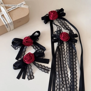 Gothic Lolita red rose hair clip set with black lace and long tassel ribbons