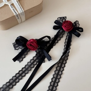 Gothic dark red rose hair clips with black lace ribbons and long silk tassels set